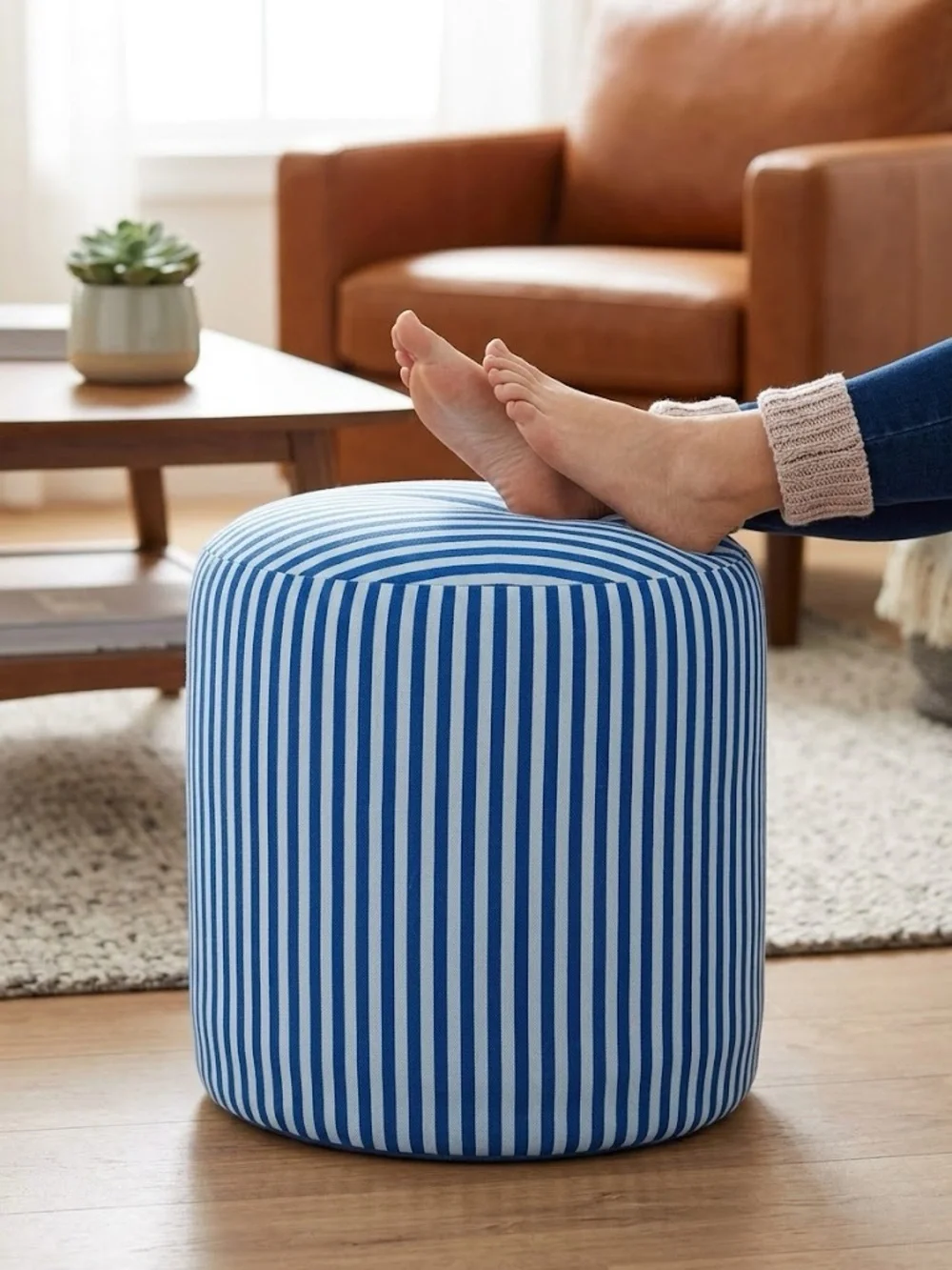 Blue Stripe Round Accent Pouf Ottoman by
